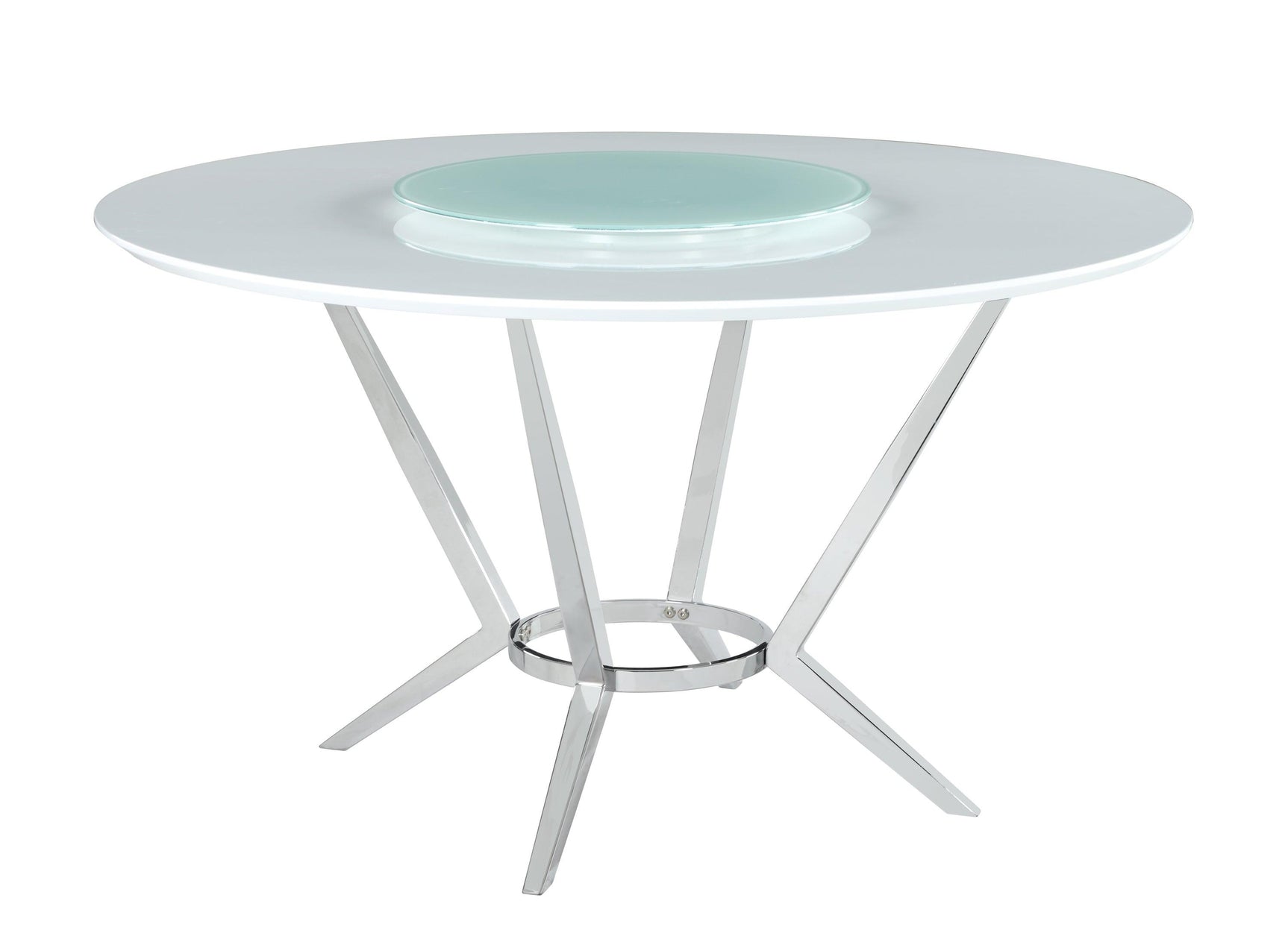 Room view of Abby circular dining table with lazy susan and four grey swivel chairs