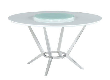 Room view of Abby circular dining table with lazy susan and four grey swivel chairs