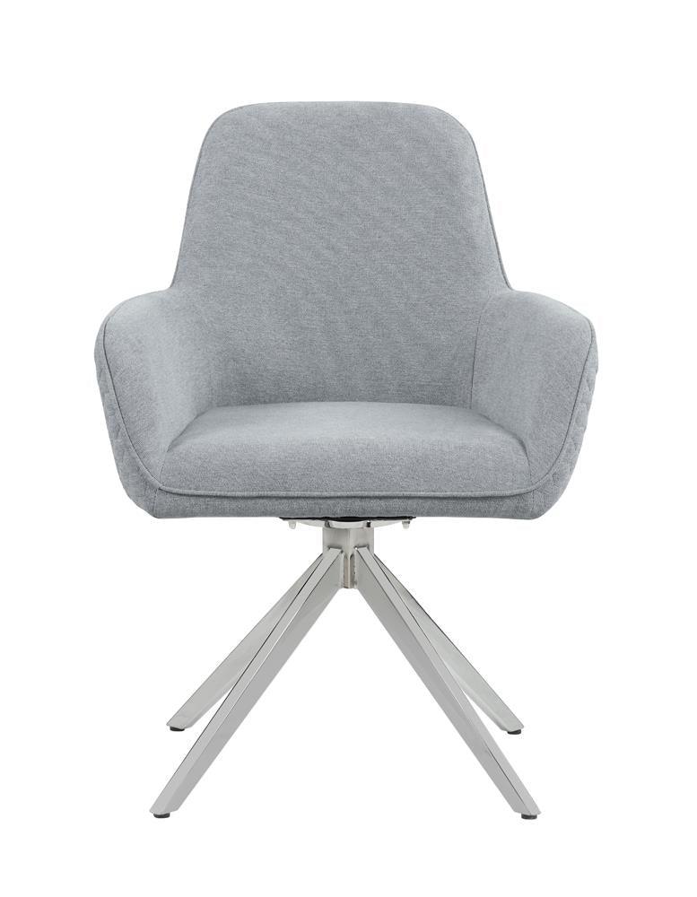 Back view of Abby Flare Arm Dining Chair revealing chrome swivel base