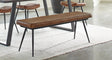 Misty camel leather upholstered bench with black tapered black iron legs front angle