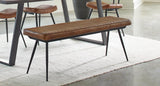 Misty camel leather upholstered bench with black tapered black iron legs front angle