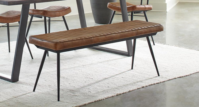 Misty camel leather upholstered bench with black tapered black iron legs front angle