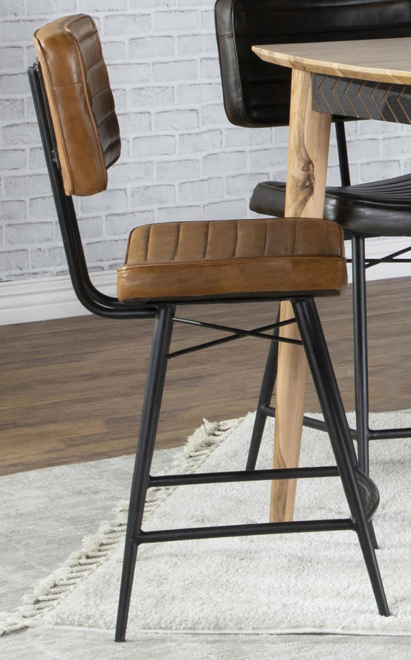 Partridge leather upholstered counter height stool with iron X-back and footrest front view
