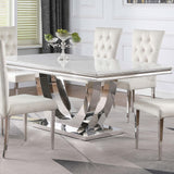 Kerwin rectangular dining table with white faux marble top and chrome base - front angle