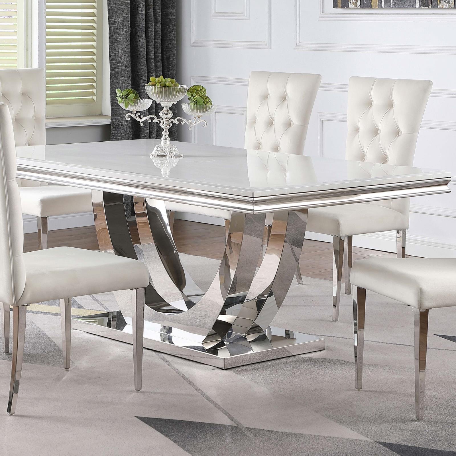 Kerwin rectangular dining table with white faux marble top and chrome base - front angle