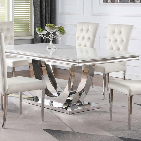 Kerwin rectangular dining table with white faux marble top and chrome base - front angle