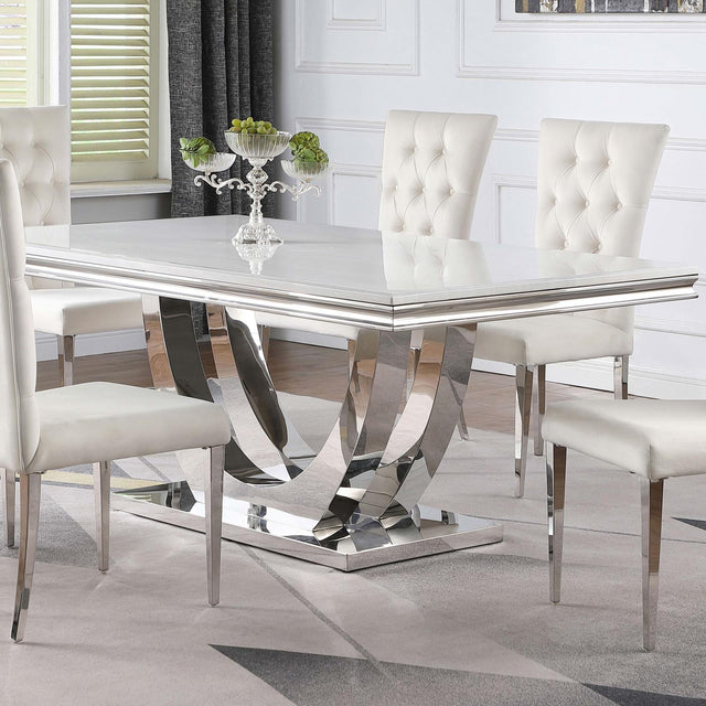 Kerwin rectangular dining table with white faux marble top and chrome base - front angle