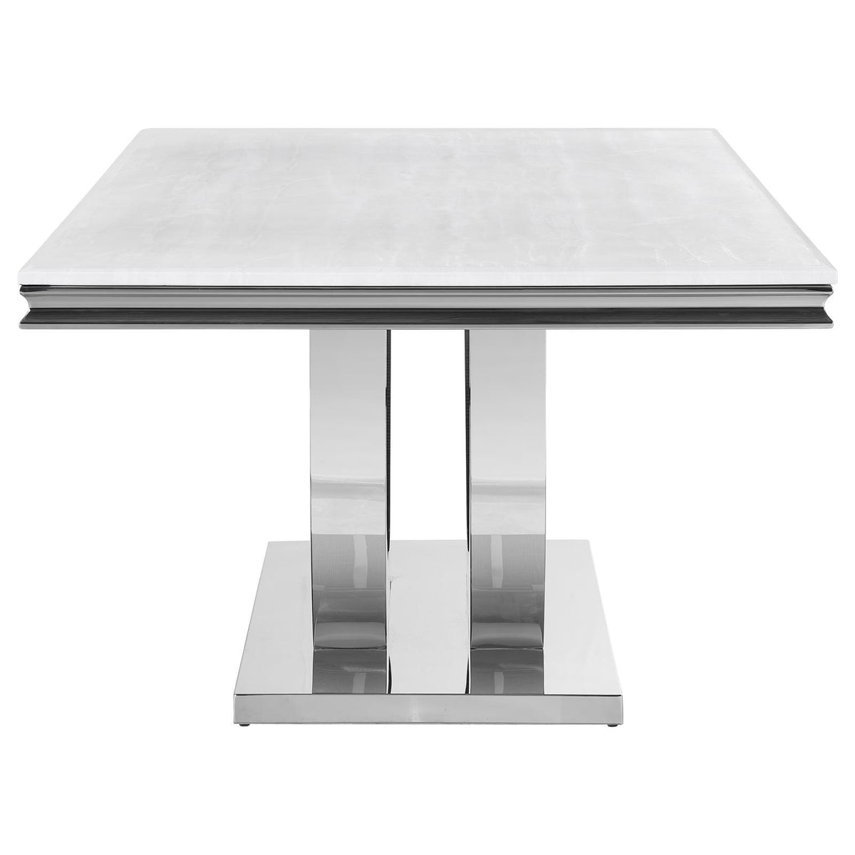 Chrome pedestal base of Kerwin rectangular dining table - detail