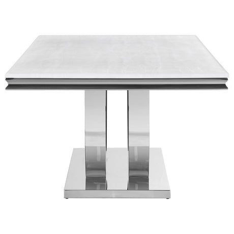 Chrome pedestal base of Kerwin rectangular dining table - detail