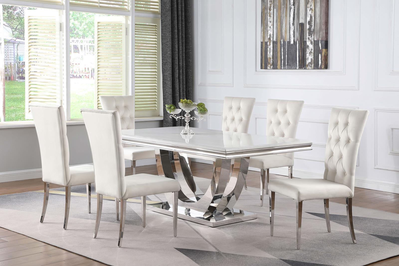 Kerwin rectangular table with clean glossy white faux marble and chrome legs