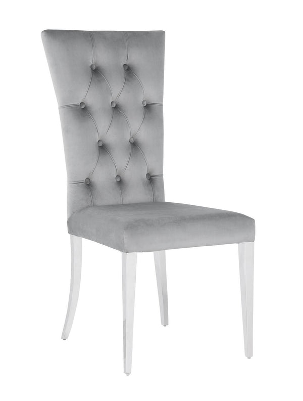 Kerwin side chair set of 2 grey velvet tufted curved back with chrome legs side view
