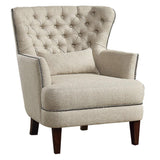 Marriana tufted upholstered accent chair side view showing nailhead trim