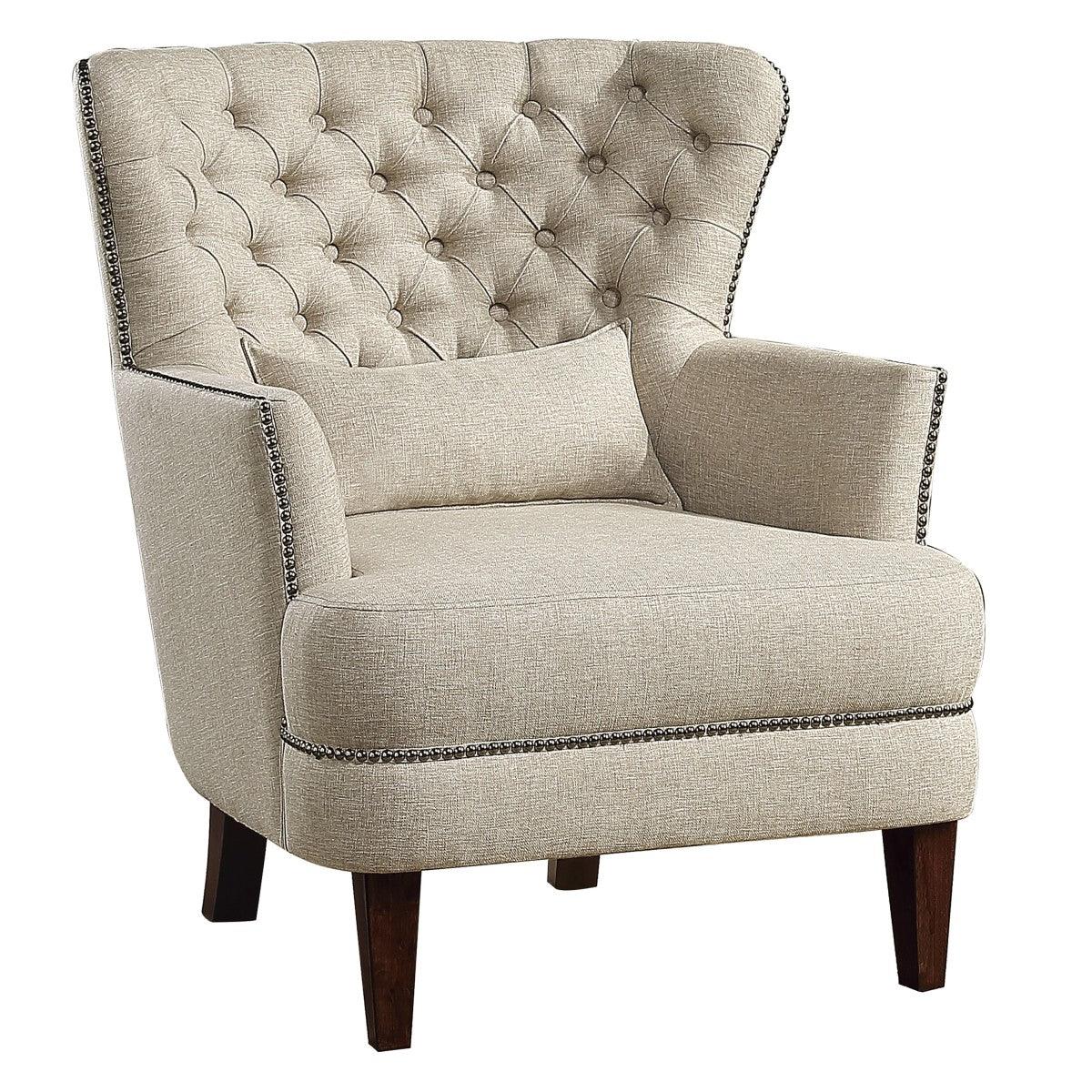 Marriana tufted upholstered accent chair side view showing nailhead trim