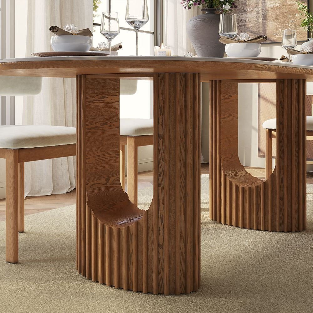 Corner of dining table with walnut wood base