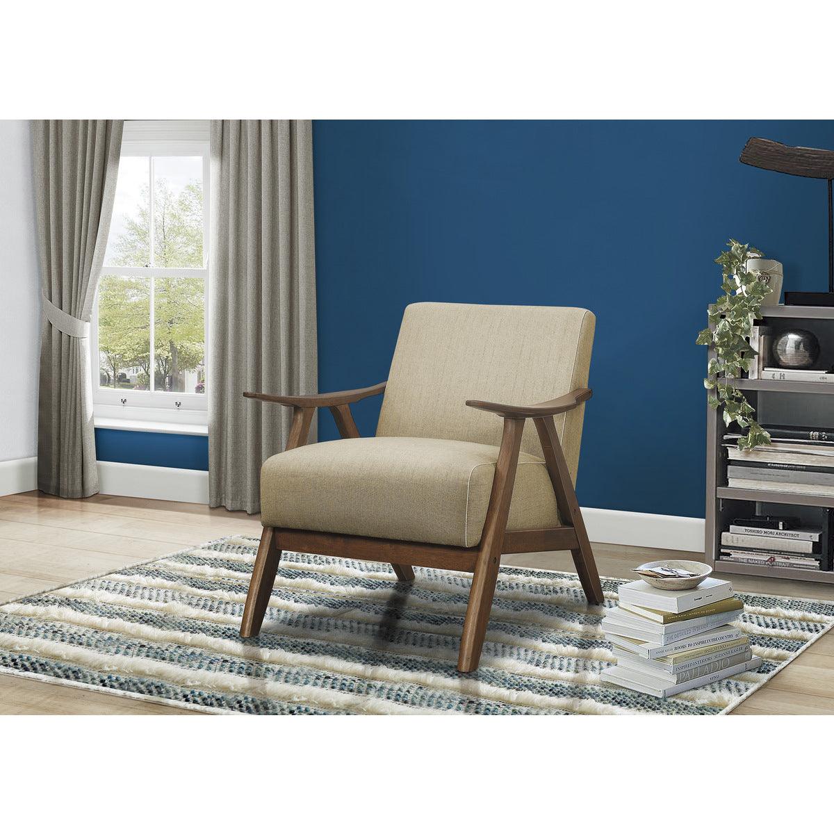 Damala Accent Chair with light brown textured upholstery and walnut wood frame