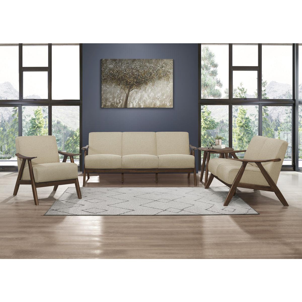 Damala Light Brown Fabric Upholstered Accent Chair showing wood detail