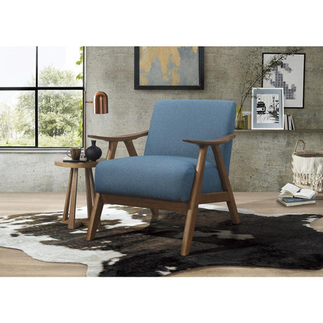 Damala Blue Accent Chair full view with curved backrest and armrests