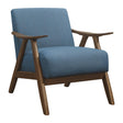 Damala Blue Accent Chair side angle showing walnut wood frame and textured fabric upholstery