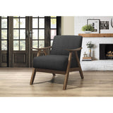 Damala Dark Gray Fabric Upholstered Accent Chair with walnut wood frame displayed