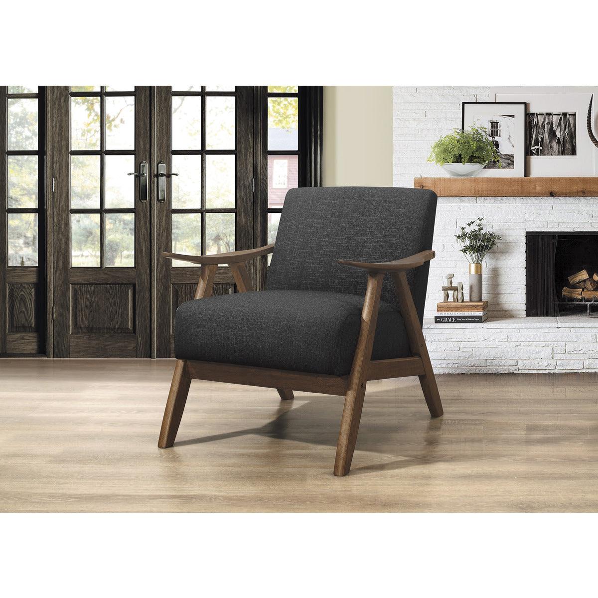 Damala Dark Gray Fabric Upholstered Accent Chair with walnut wood frame displayed