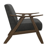 Side angle of Damala Dark Gray Fabric Upholstered Accent Chair highlighting armrest and cushioning