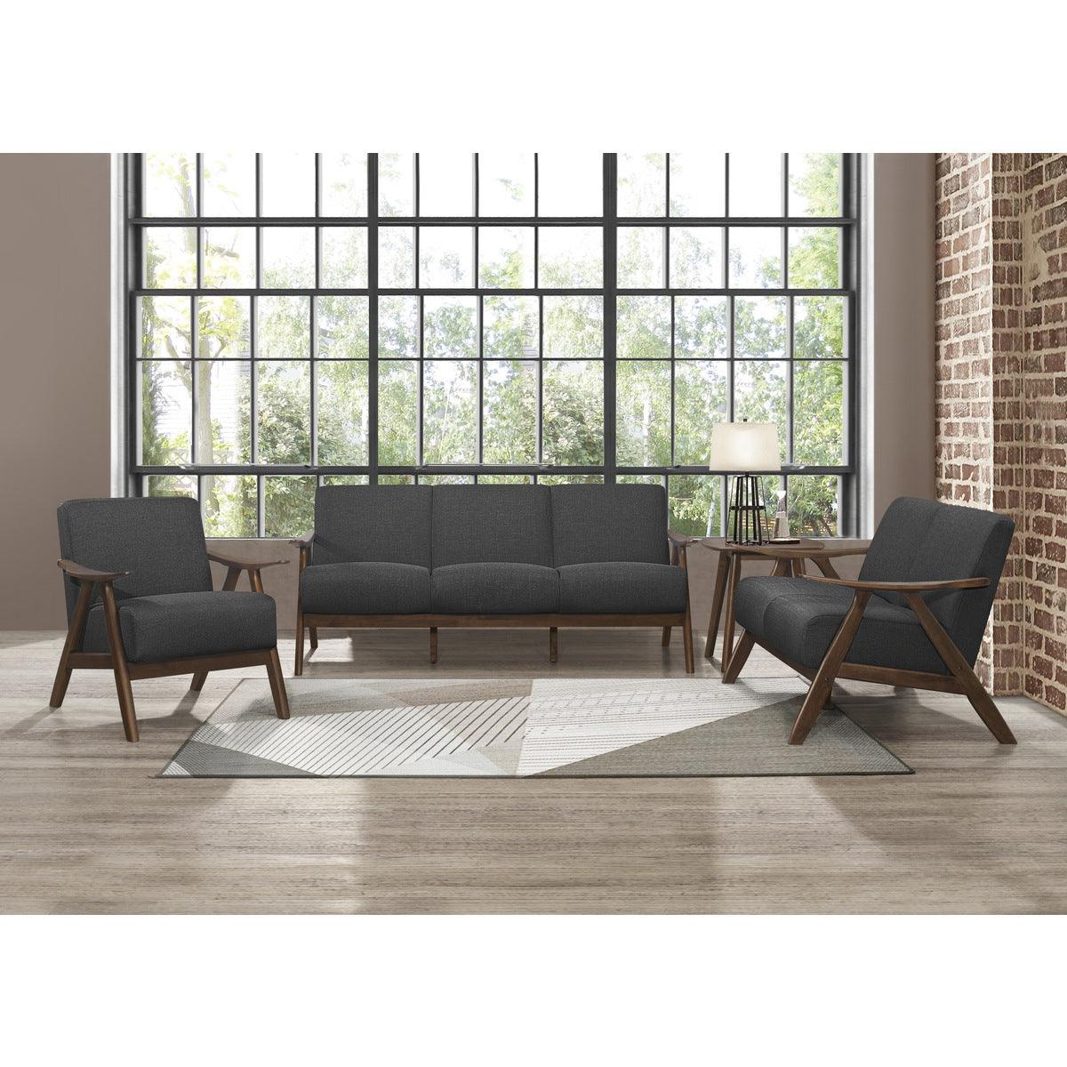 Damala Accent Chair with dark gray upholstery and walnut finish in a room setting