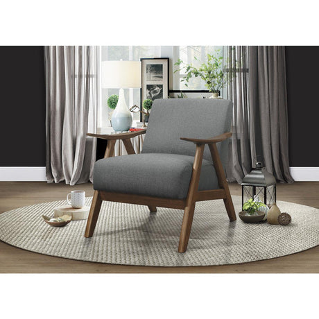 Damala Accent Chair detailed view of walnut wood frame and fabric texture