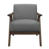 Side view of Damala Gray Accent Chair featuring solid walnut-finished rubberwood frame