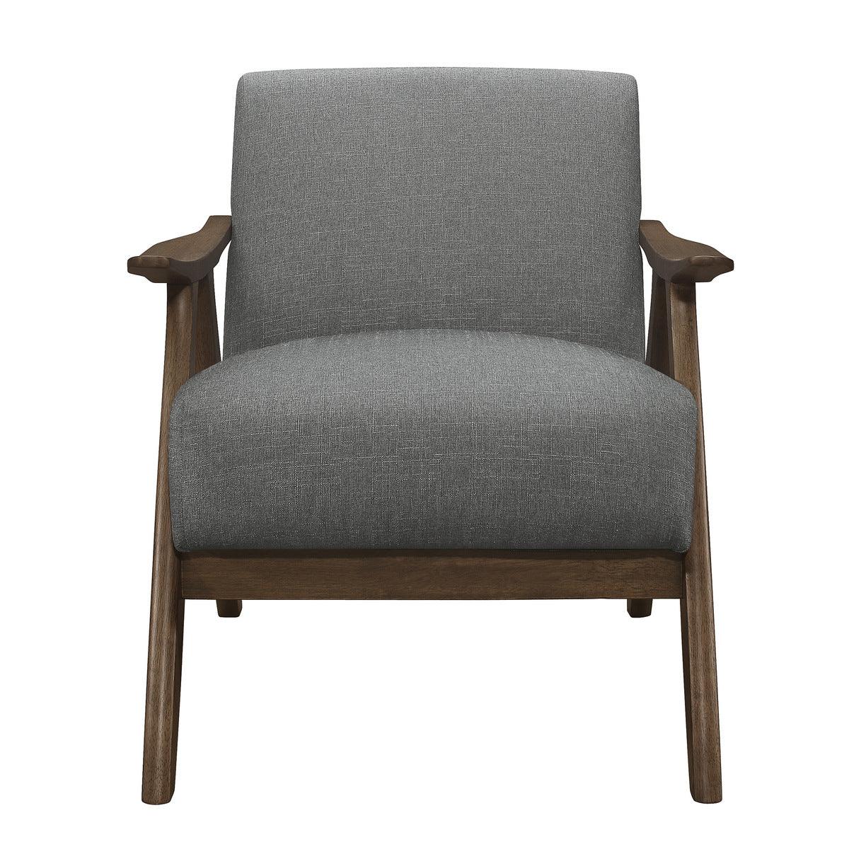 Side view of Damala Gray Accent Chair featuring solid walnut-finished rubberwood frame