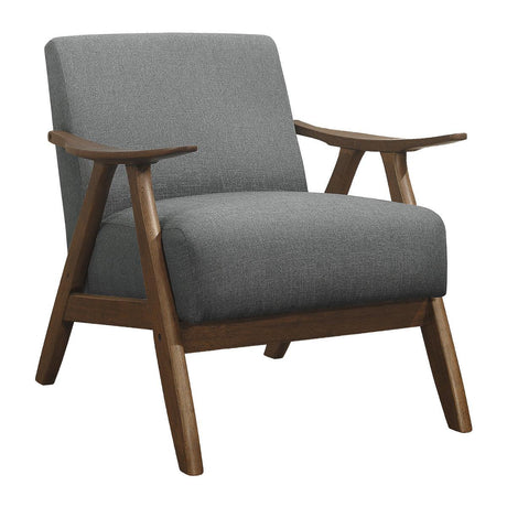 Damala Gray Accent Chair front view showing button-tufted gray fabric upholstery