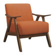 Damala Orange Fabric Accent Chair side view with walnut frame