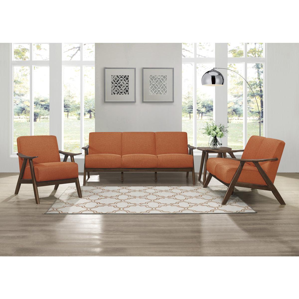 Damala Orange Fabric Accent Chair group view with visible walnut wood frame