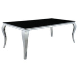 Detail of glass tabletop and black blue frame of Carone dining set