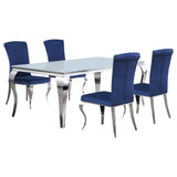 Dining room setting featuring Carone white and blue glass dining set