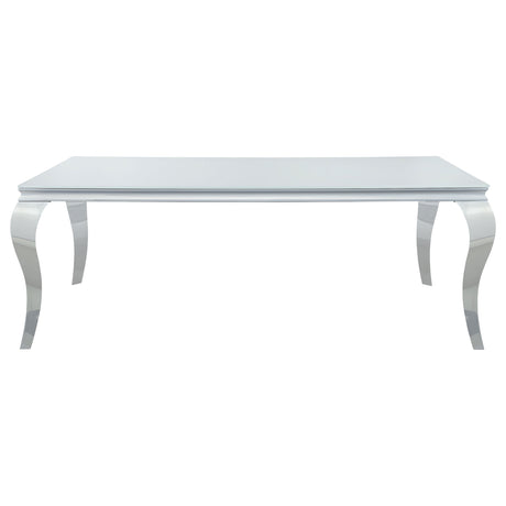 Front view of Carone white gray glass dining table and chairs