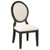 detail view of chair upholstery and wood finish