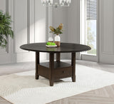 Side view of Twyla round dining table in dark cocoa finish