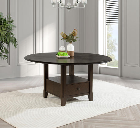 Side view of Twyla round dining table in dark cocoa finish
