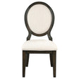 Front angle of Twyla Upholstered Oval Back Dining Chair in cream fabric and dark cocoa frame