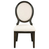 Front angle of Twyla Upholstered Oval Back Dining Chair in cream fabric and dark cocoa frame