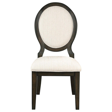 Front angle of Twyla Upholstered Oval Back Dining Chair in cream fabric and dark cocoa frame