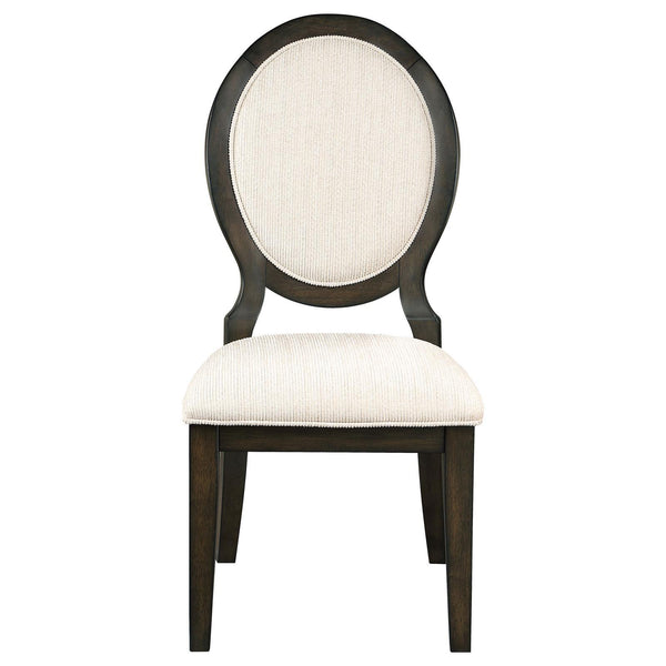Front angle of Twyla Upholstered Oval Back Dining Chair in cream fabric and dark cocoa frame