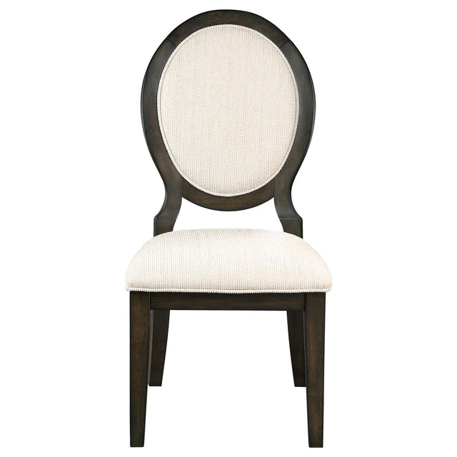 Front angle of Twyla Upholstered Oval Back Dining Chair in cream fabric and dark cocoa frame