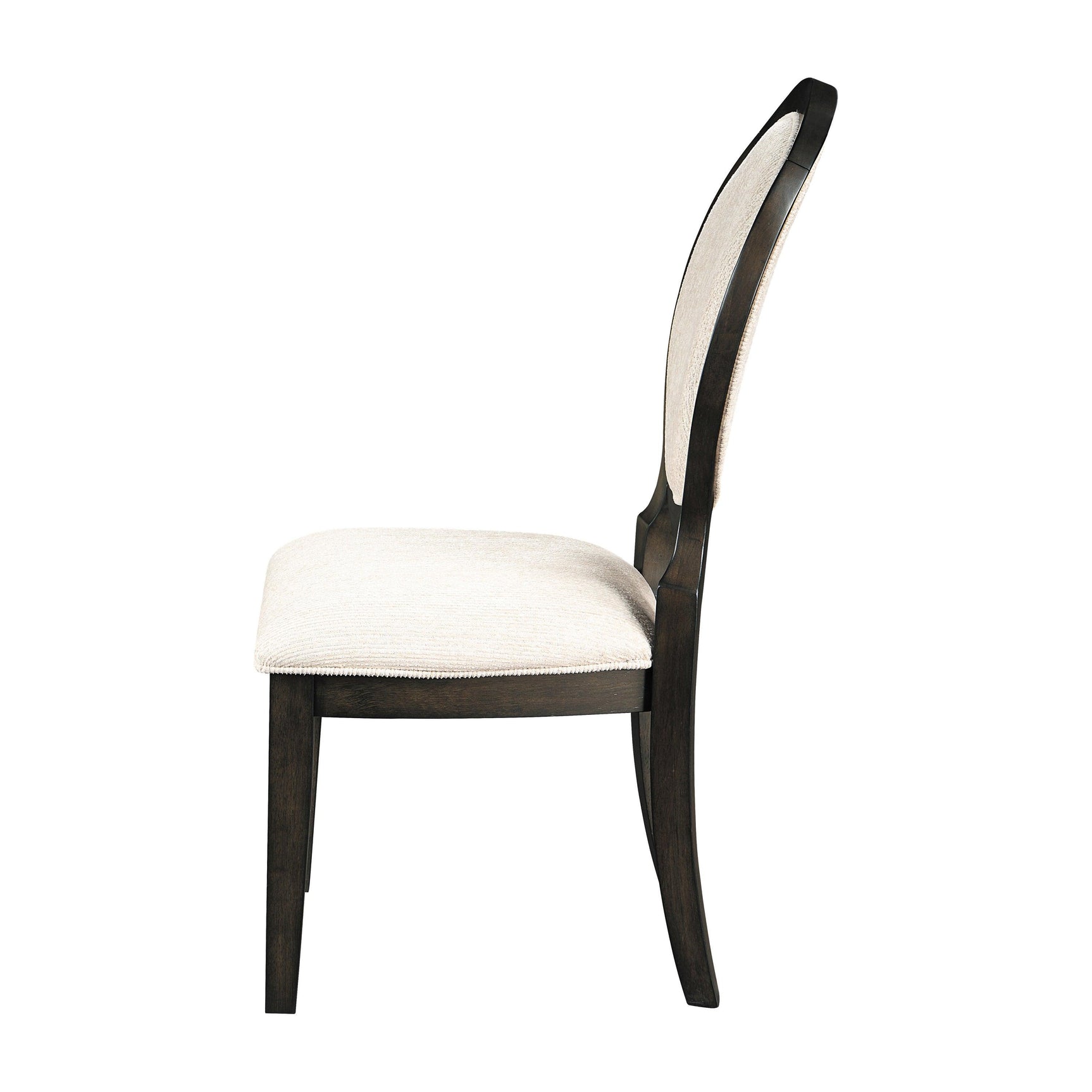 Close-up of cream linen-like upholstery with welt trim on Twyla chair