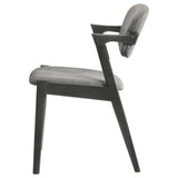 Close up of brown-toned grey fabric and cushioned seat on Stevie side chair
