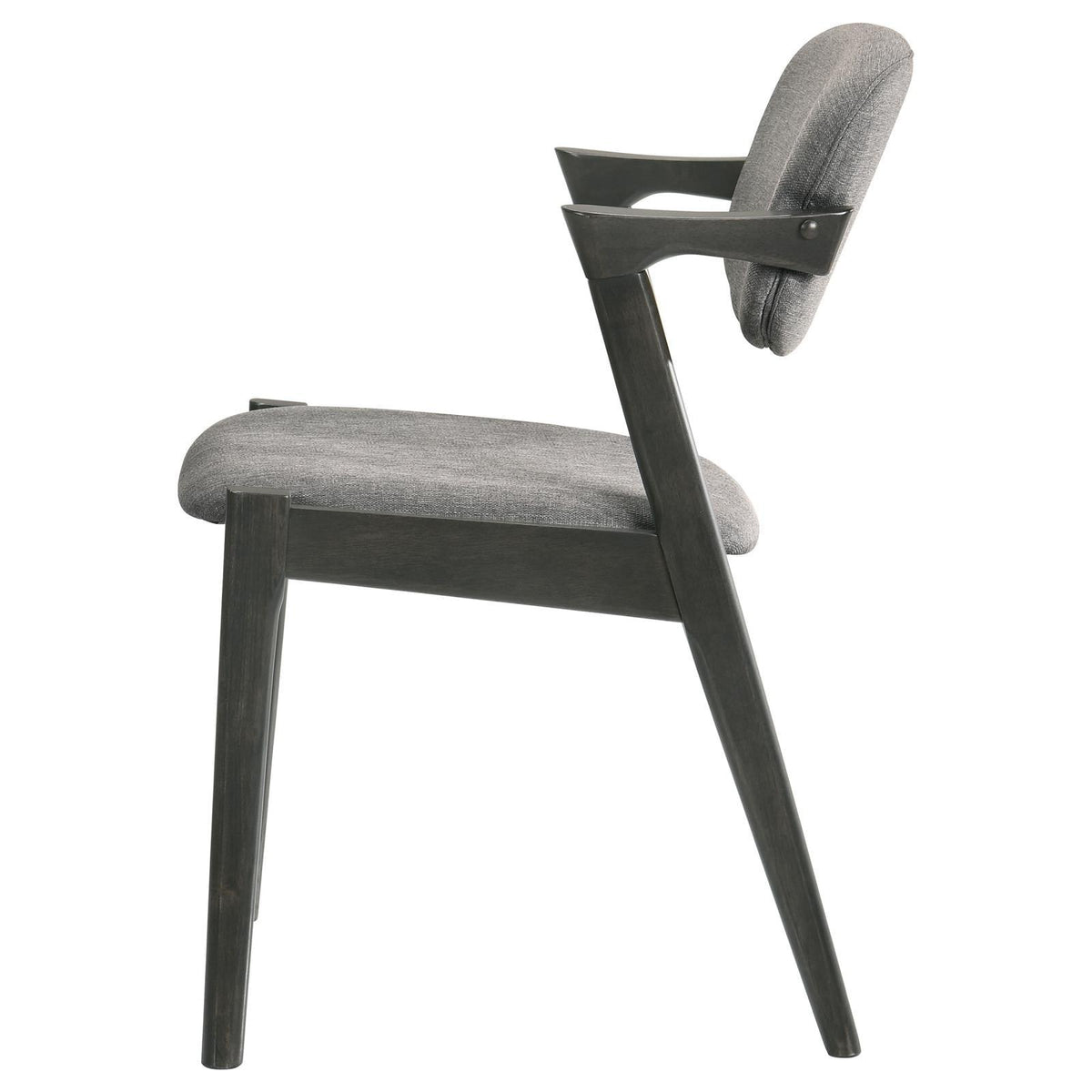 Close up of brown-toned grey fabric and cushioned seat on Stevie side chair