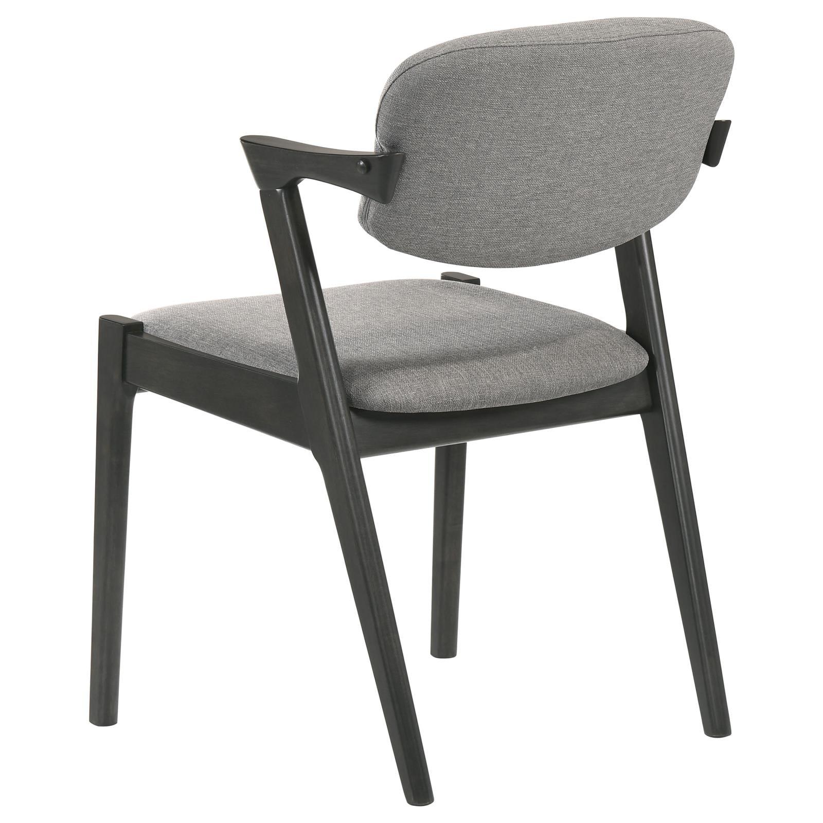 Back view of Stevie Upholstered Side Chair with flared black frame and padded backrest