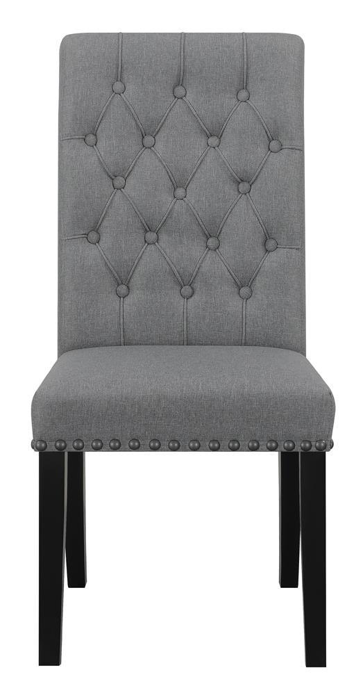 Side angle view of Alana tufted side chair with nailhead trim