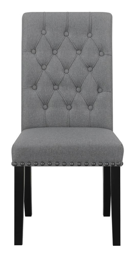 Side angle view of Alana tufted side chair with nailhead trim
