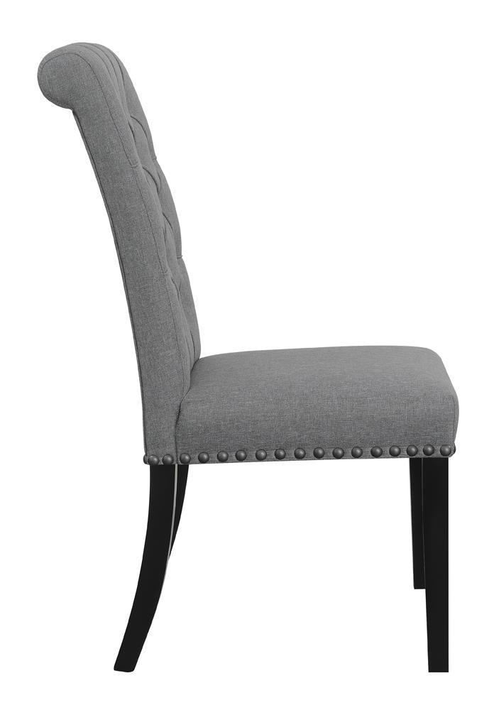 Close-up of tufted backrest and nailhead trim on Alana chair